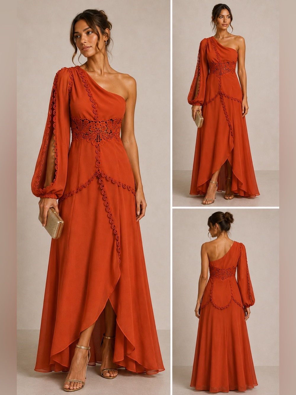 ASOS Lace Trim One-Shoulder Maxi Dress Orange US 4